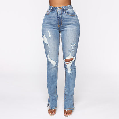 Distressed-Washed & High-Waist Stretch Denim Jeans