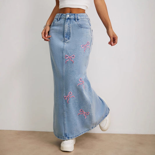 Printed Bow Top Pearl All-Matching Denim Skirt