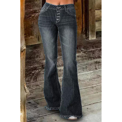 Pinstripes Mid-Waist Flared Denim Jeans