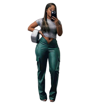 Leather Elastic Deep V Plunge Pants (7524749705304)