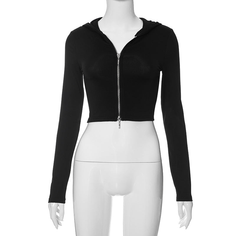 Mid-Zipper Hooded Crop-Top (7516555608152)