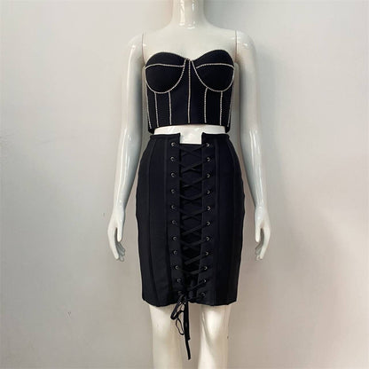 Rhinestones & Drawstrings - Tight Knitted Bandage Tube Top & Skirt Two-Piece Set (7524302094424)