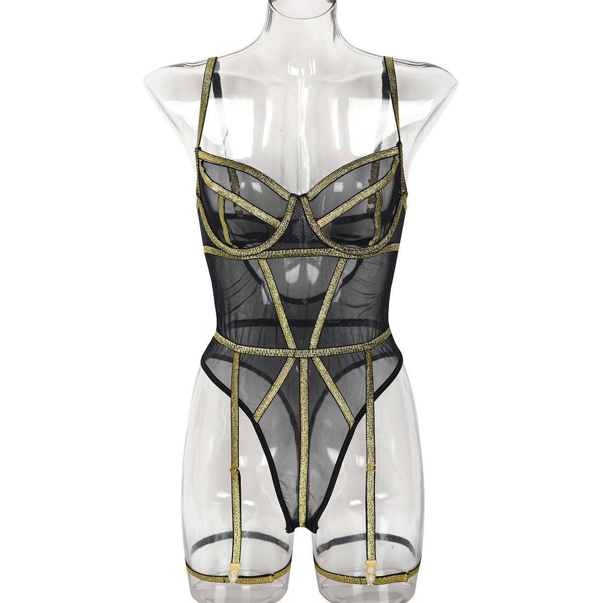 Gold Silk Lines - Mesh Stitching Camisole Bodysuit (7517838770264)