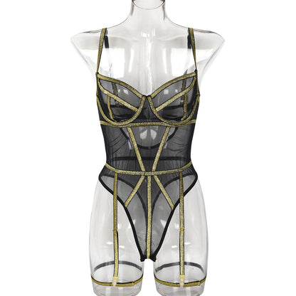 Gold Silk Lines - Mesh Stitching Camisole Bodysuit (7517838770264)
