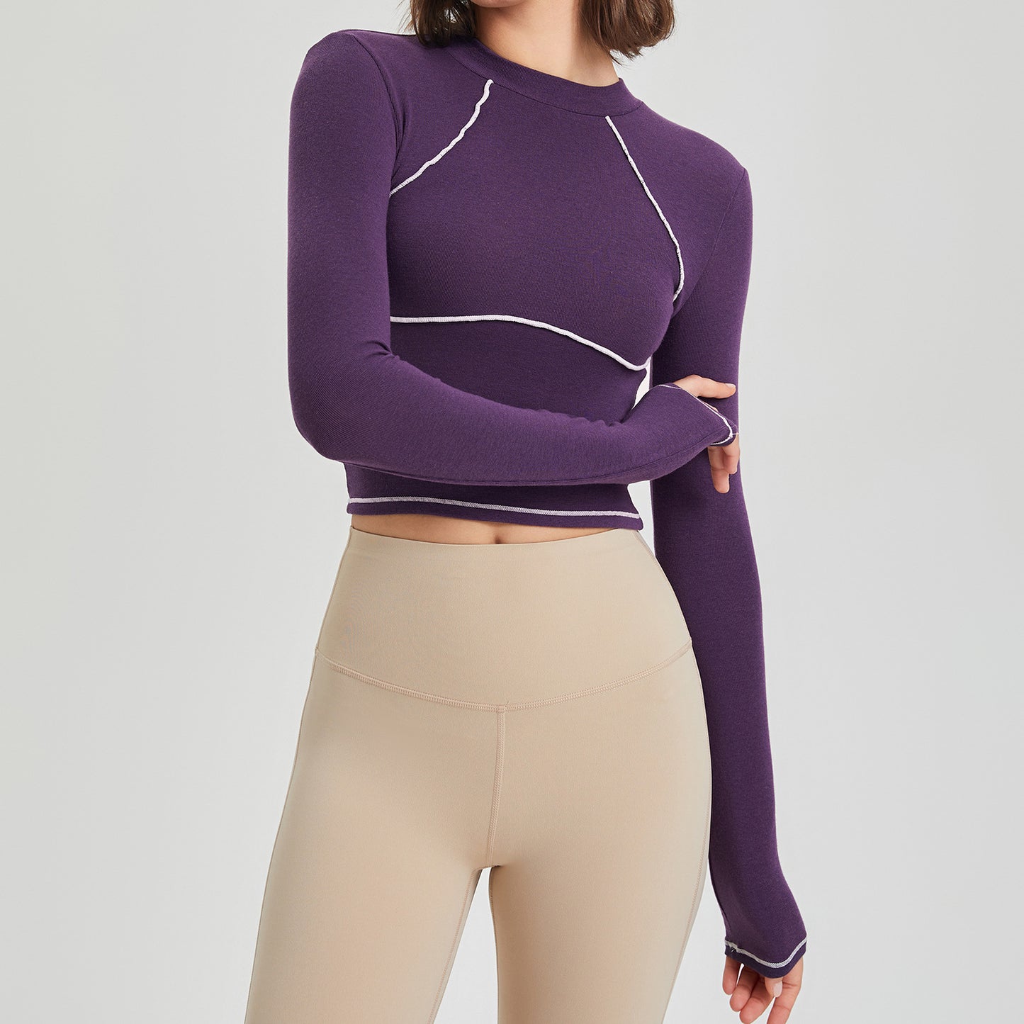 Contrast Color Long Sleeves Mousse-Tight Sports Top (7524754292824)