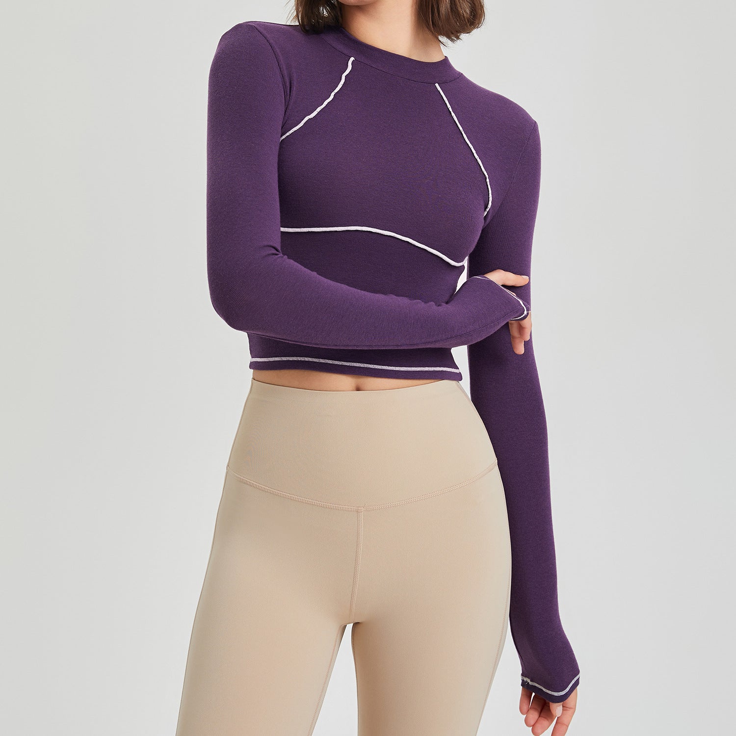 Contrast Color Long Sleeves Mousse-Tight Sports Top (7524754292824)