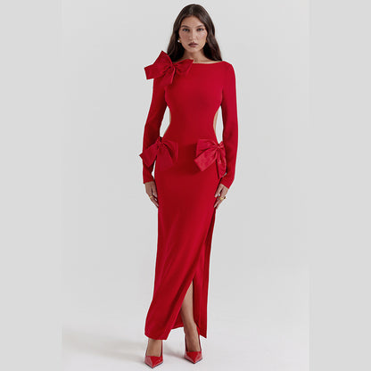 Oh My Bows! - Empty Back Bows Slim-Fit Sheath Split Dress (7516662595672)