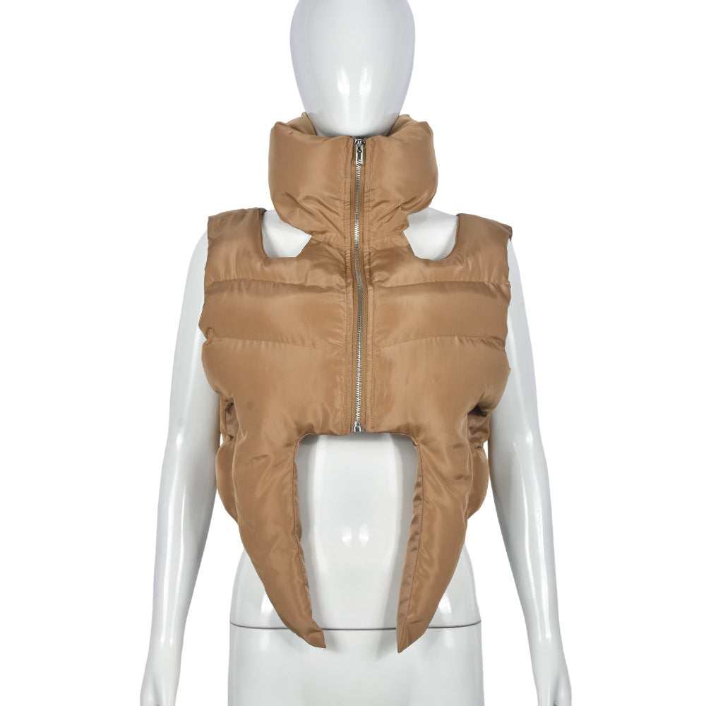 Cotton Padded Coat Stand Collar Zipper Sleeveless Cotton Filled Short Shipment Coat for Women (7524988092504)