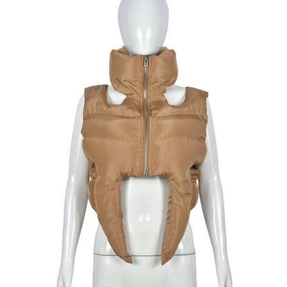 Cotton Padded Coat Stand Collar Zipper Sleeveless Cotton Filled Short Shipment Coat for Women (7524988092504)