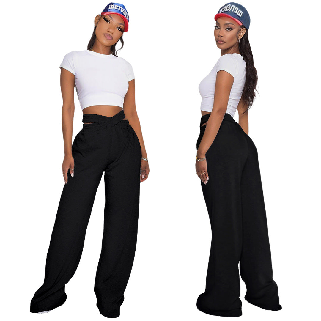 Solid Color Double-Layer Waistband Wide-Leg Pants