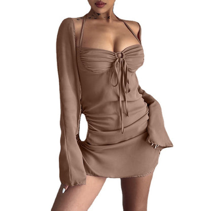 Solid Color Lace-Up Hollow-Out Tube-Top Mini Dress