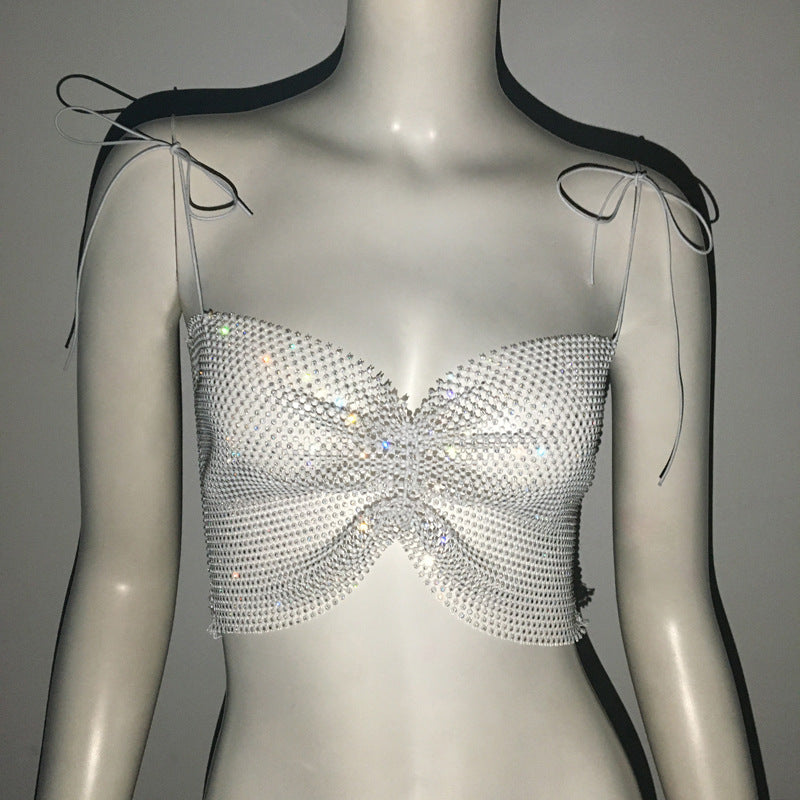 Hollow-Out Cut-Out Rhinestones - Chest-Wrapped Mesh Shoulder Bows Rhinestone Fishnet Sling Top (7517607821400)