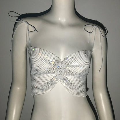 Hollow-Out Cut-Out Rhinestones - Chest-Wrapped Mesh Shoulder Bows Rhinestone Fishnet Sling Top (7517607821400)