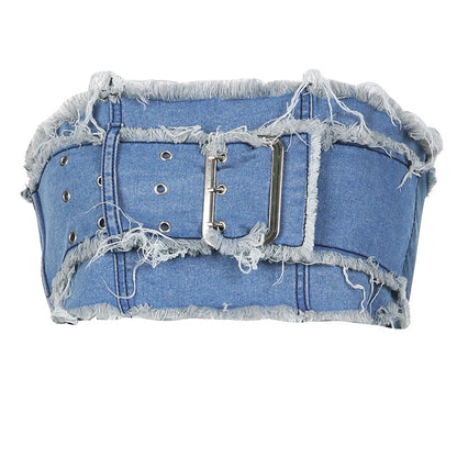 Fringe - Denim Distressed Buckle-Wrapped Cropped Tube Top & Mini Skirt Two-Piece Set (7519217090648)