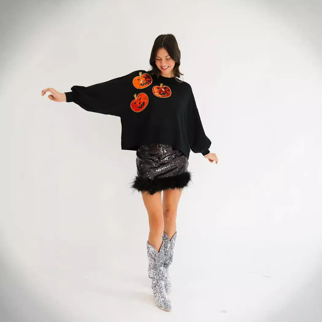 Sequined Casual Pumpkin Sweatershirt