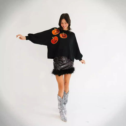 Sequined Casual Pumpkin Sweatershirt