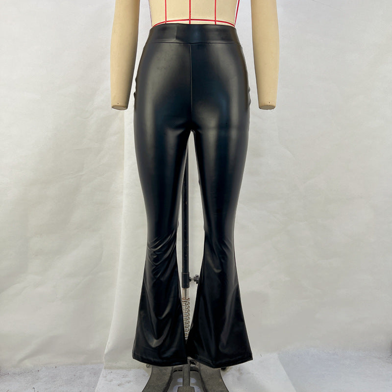 Faux-Leather High-Waist Glossy Flared Pants (7524750065752)