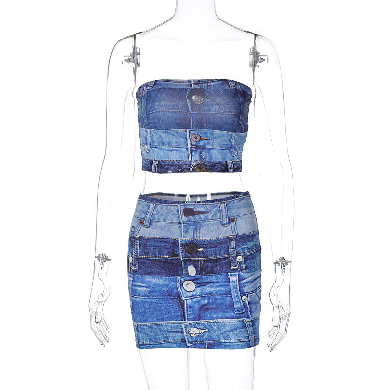Polyester Printed Denim - Cropped Tube-Top & Slim-Fit Skirt Set (7517938745432)