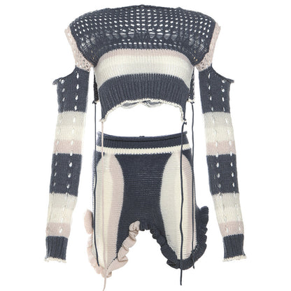 Cut-Out Cropped Contrast Color Slim-Fit Long Sleeves Knitted Top & Skirt Set