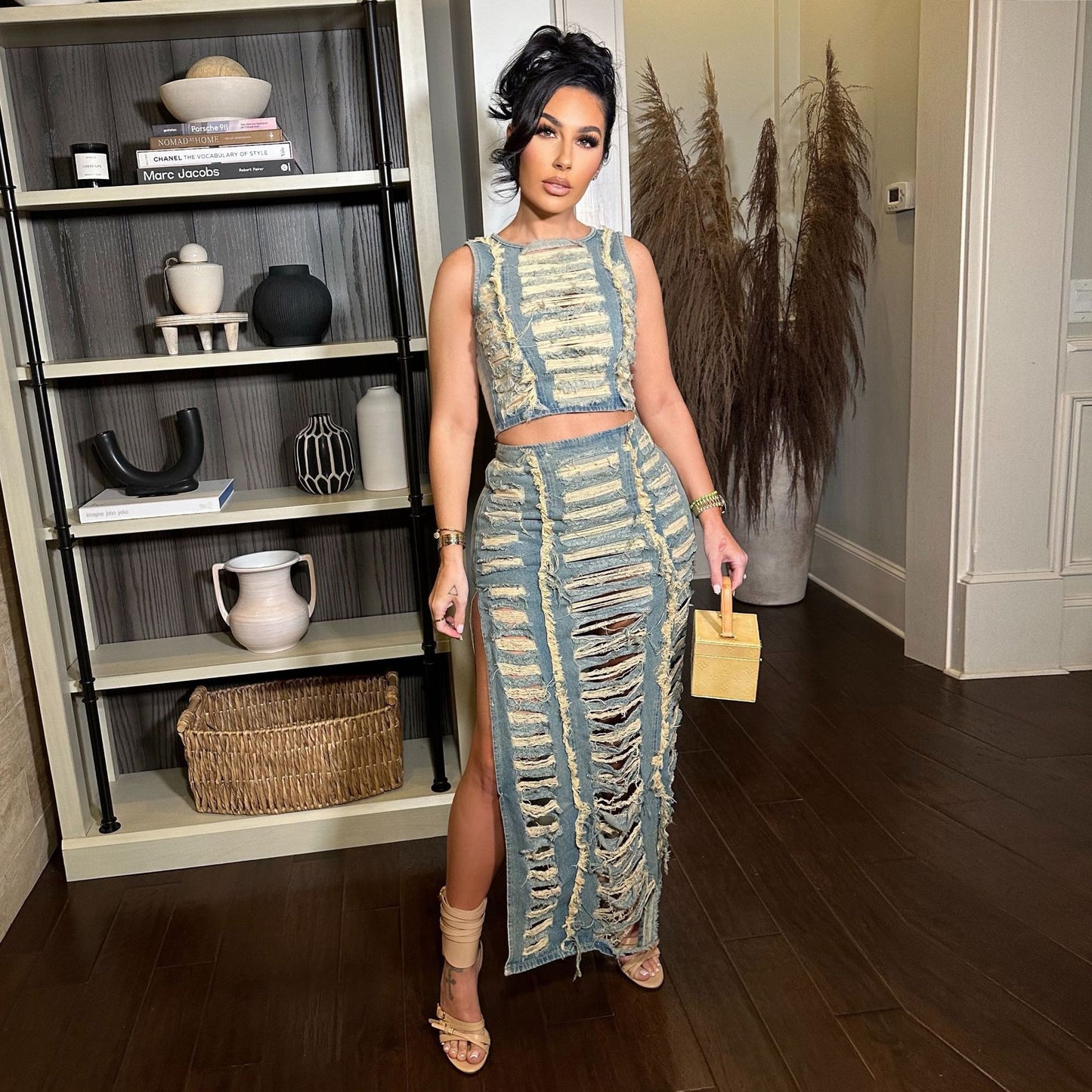 Denim Vest High-Slit Skirt Set