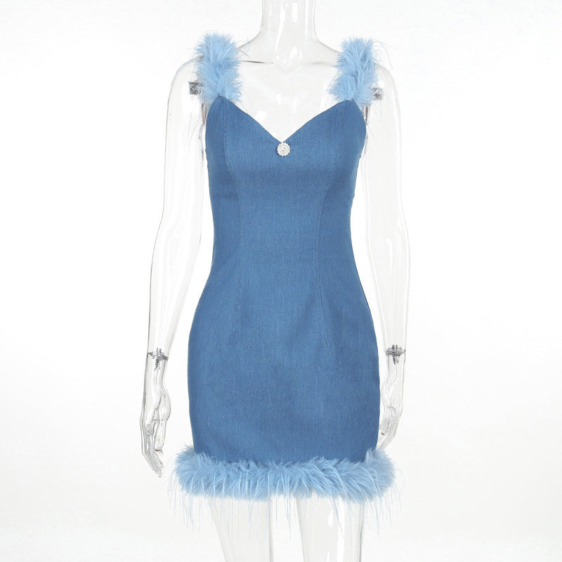 Denim & Fur - Elegant Slim-Fit Furry Denim Dress (7516661448792)