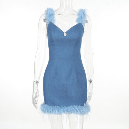 Denim & Fur - Elegant Slim-Fit Furry Denim Dress (7516661448792)