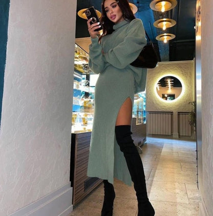 Pullover Polo-Neck Split Maxi Skirt & Top Two-Piece Set