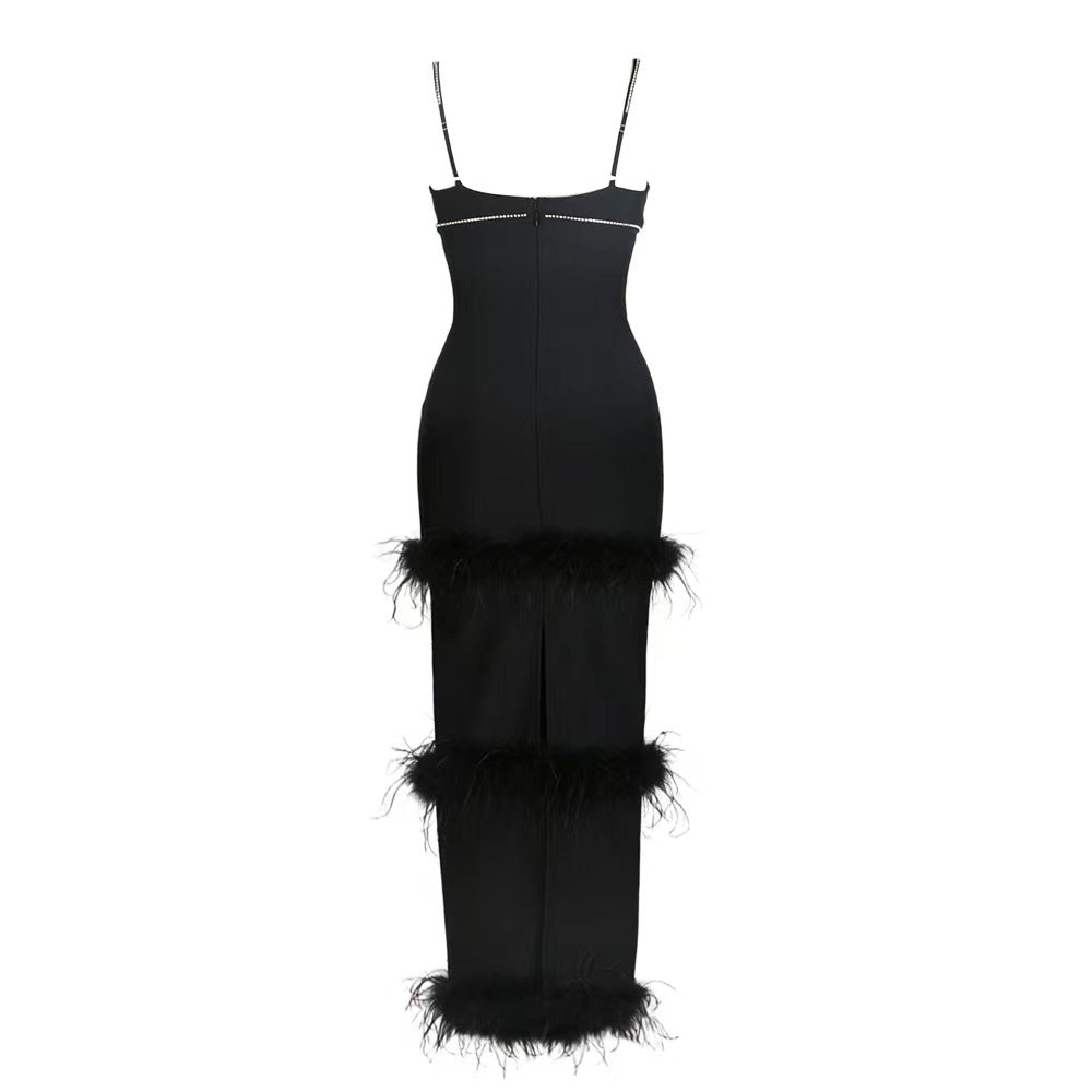 Ostrich Dress - Camisole V-Neck Round Bar Ostrich Hair Chain Knitted Bandage One-Piece Dress (7516659384408)