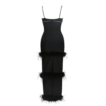Ostrich Dress - Camisole V-Neck Round Bar Ostrich Hair Chain Knitted Bandage One-Piece Dress (7516659384408)
