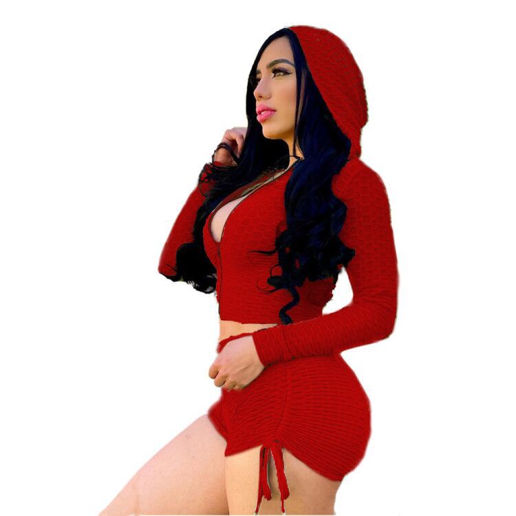 Long Sleeves Waffle-Knit Hoodie & Drawstrings Shorts Two-Piece Set (7524302422104)