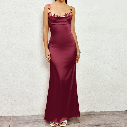 Silk Sling Lace-Up Backless Patchwork Dress