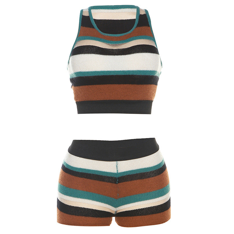 Contrast Color Sleeveless Vest & Sheath Shorts Top