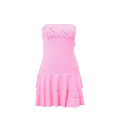 Rhinestones Letters Off-Shoulder Ruffled Tiered Tube-Top Dress