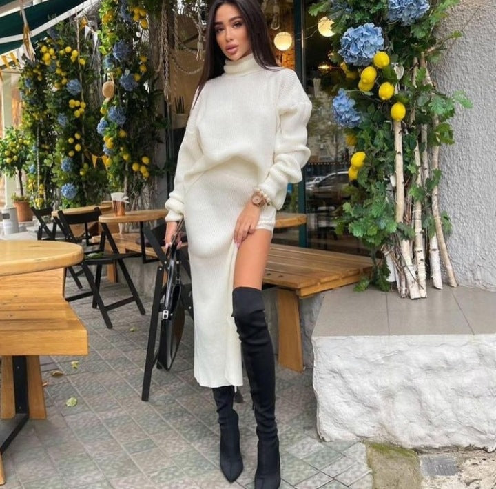 Pullover Polo-Neck Split Maxi Skirt & Top Two-Piece Set
