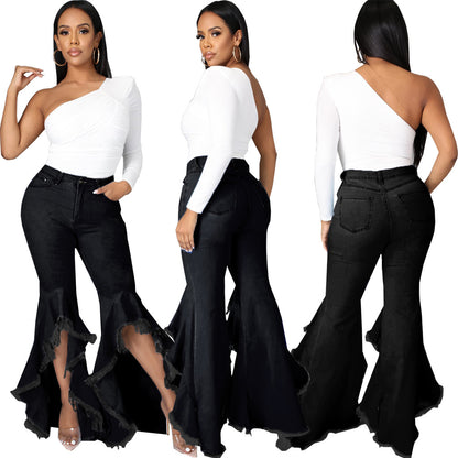 Distressed Washed Stretchy Slim-Bell-Bottom Denim Jeans (7524741021784)