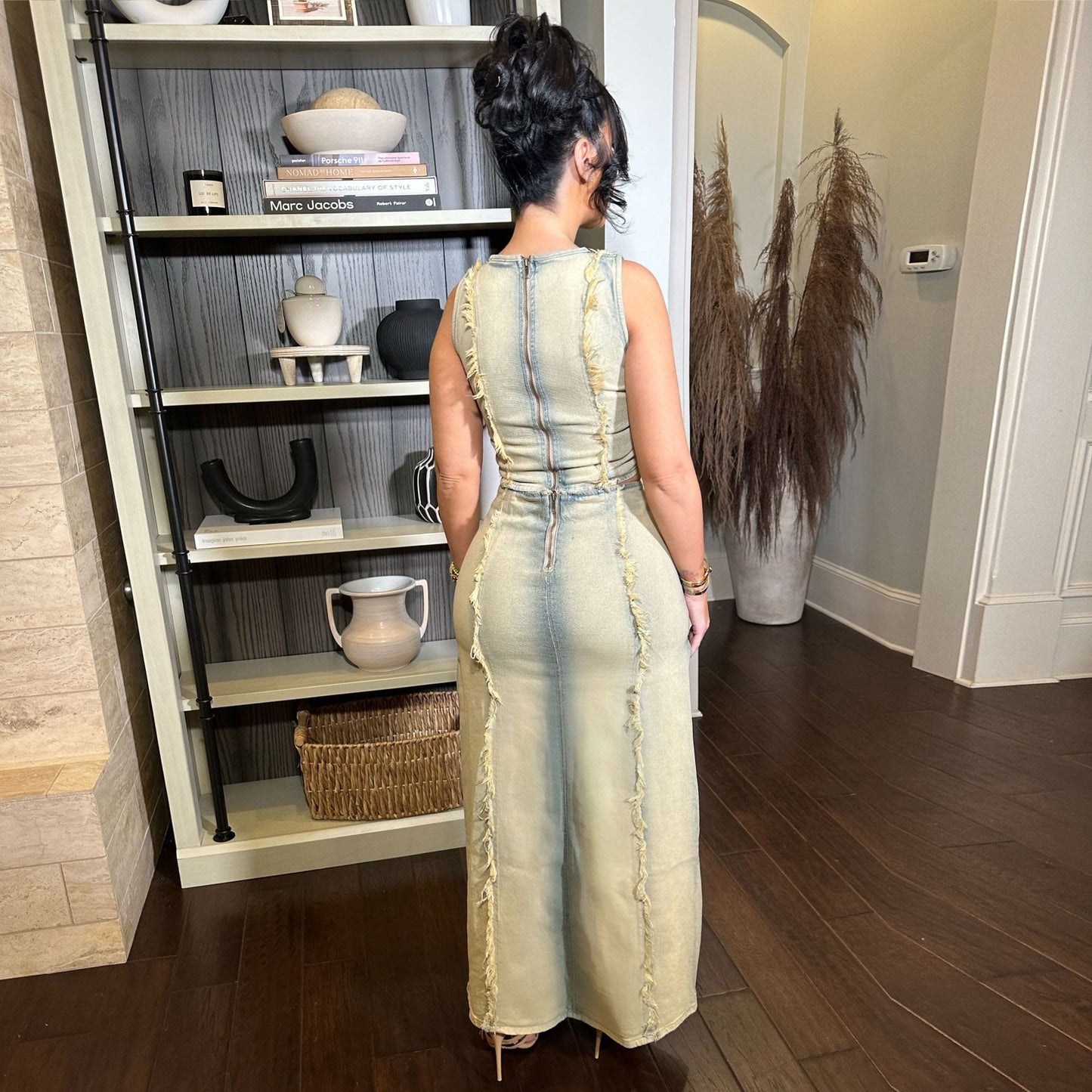 Denim Vest High-Slit Skirt Set