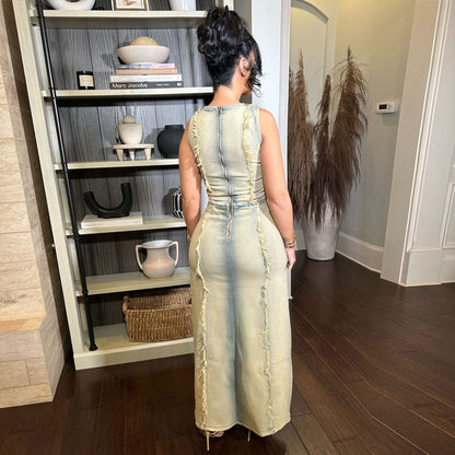 Denim Vest High-Slit Skirt Set