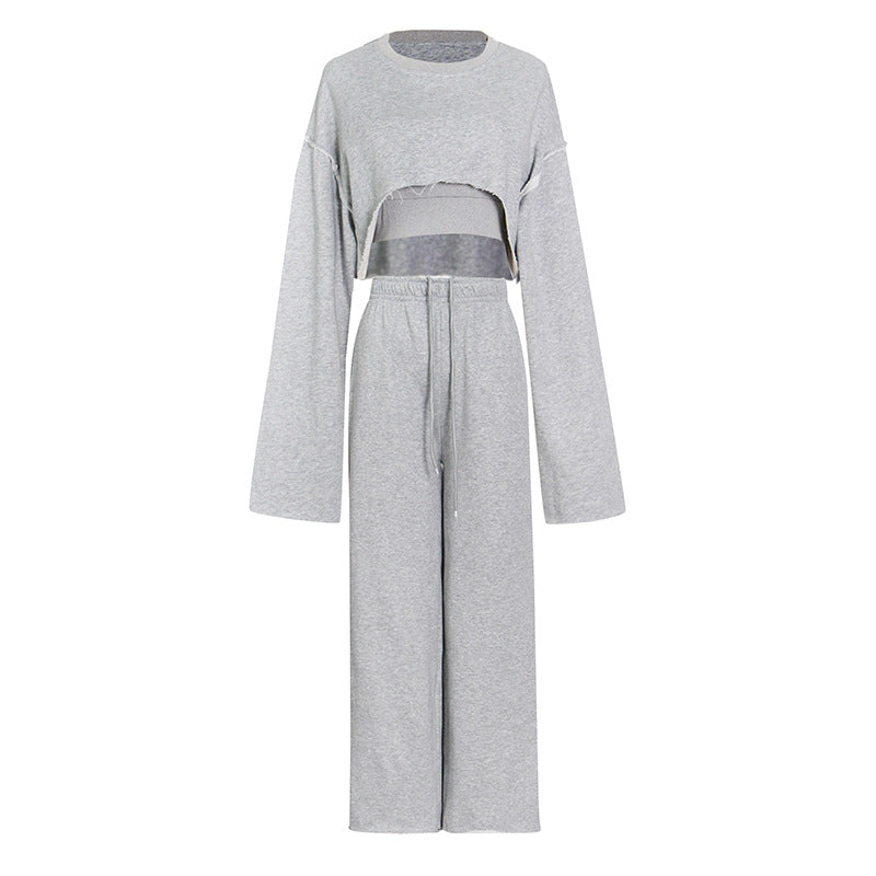 Pullover Long Sleeves Cropped Sweatshirt Sling Wide Leg Pants Three-Piece Set (7517823500376)