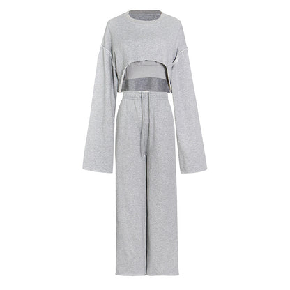 Pullover Long Sleeves Cropped Sweatshirt Sling Wide Leg Pants Three-Piece Set (7517823500376)