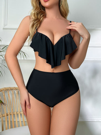 Ruffles Detail - High-Waist Lace-Up & Front Detail Bikini (7516582608984)