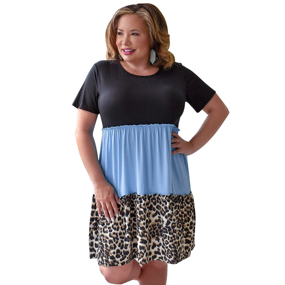 Plus-Size Leopard Contrast Color Print Dress