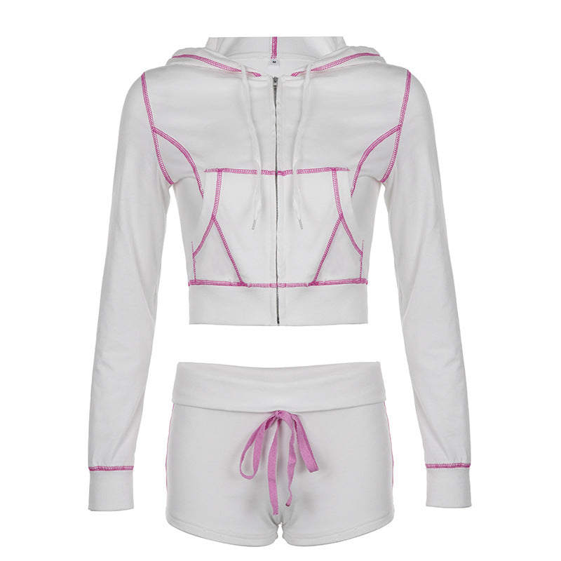 Stitched! - Cardigan Out-Stitch Zip-Up Short Coat & Shorts Two-Piece Set (7516830236760)