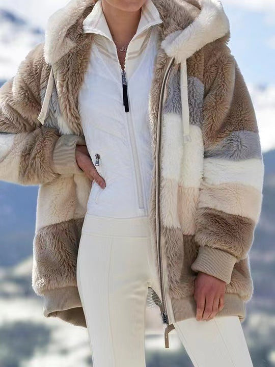 Autumn Winter Loose Plush Multi Color Hooded Jacket for Women (7524905746520)