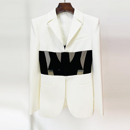 Personality Sheer Mesh Boning Corset Slim Fit Patchwork Blazer (7525012897880)