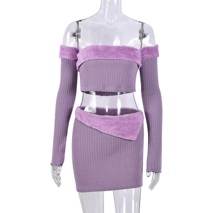 Sexy off the Shoulder Wrapped Chest Hollow Out Cutout Cropped Fur Hip Skirt Set (7524905091160)