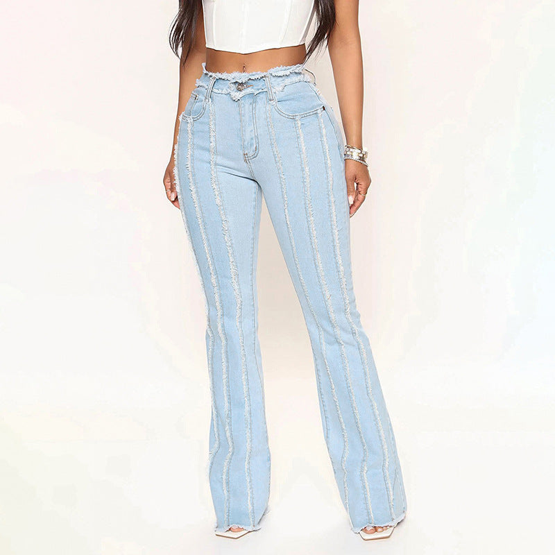 Frayed-Washed Mid-Waist Denim Jeans