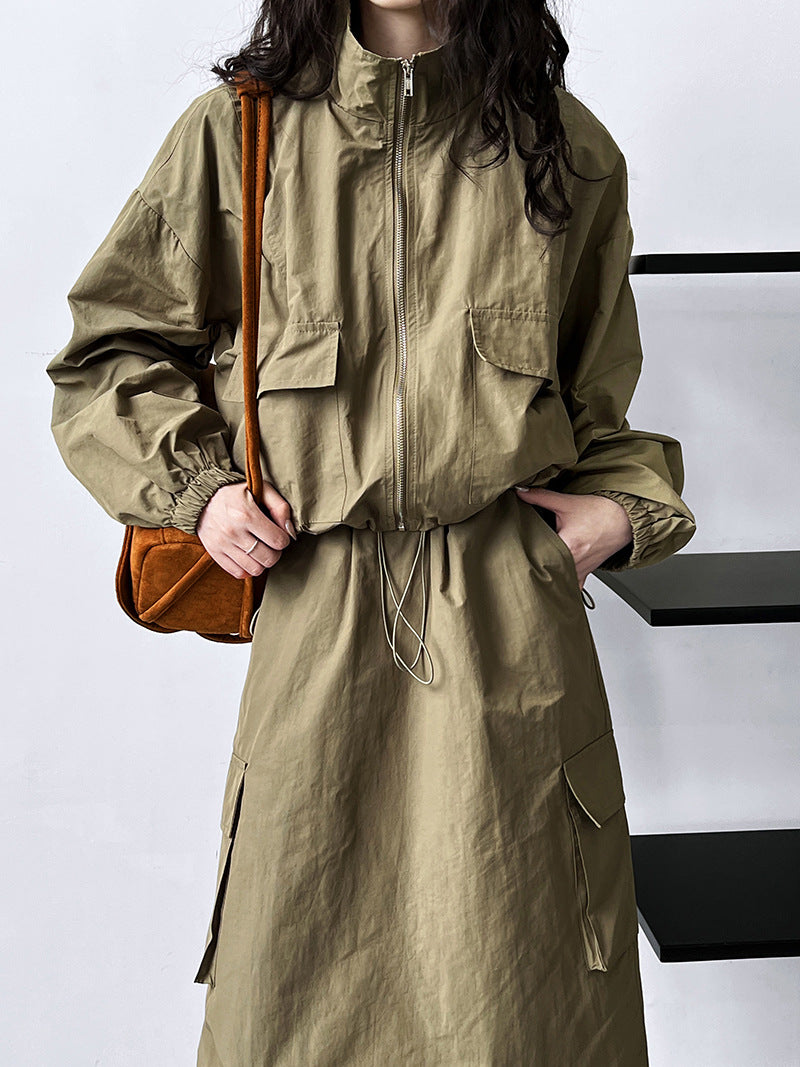 Drawstrings Skirt & Jacket Two-Piece Cargo Set