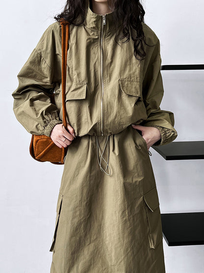 Drawstrings Skirt & Jacket Two-Piece Cargo Set