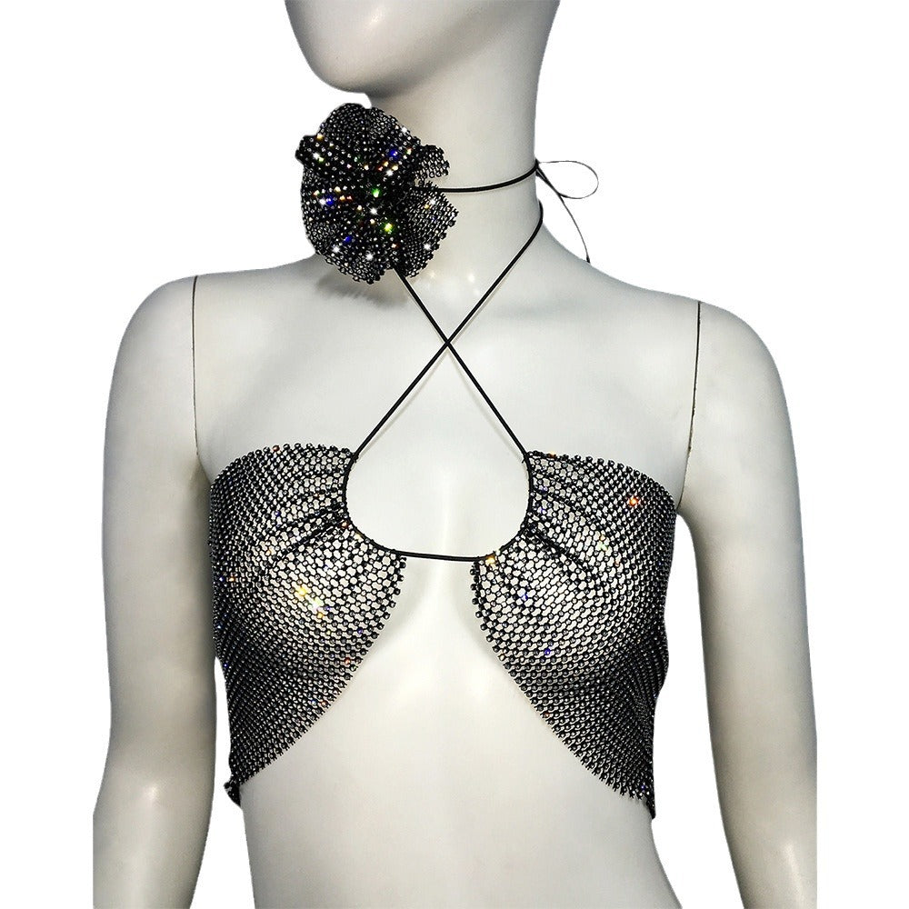 Rhinestones Fishnet Halter Spaghetti Straps Two-Piece Top
