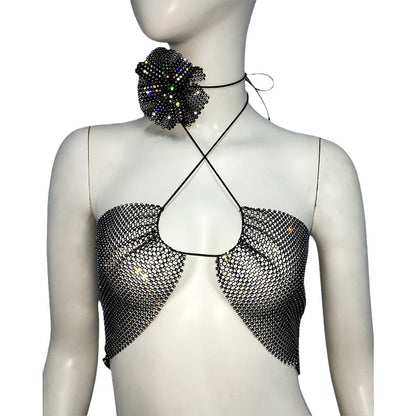Rhinestones Fishnet Halter Spaghetti Straps Two-Piece Top